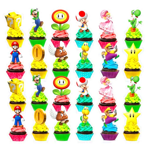 JVRUXLU 48Pcs Mario Cupcake Toppers Mario Birthday Party Supplies Super Brothers Theme Party Cake Decorations