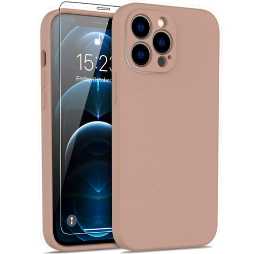 DEENAKIN Compatible with iPhone 12 Pro Silicone Case with Screen Protector,Enhance Camera Protection,Soft Flexible Slim Fit Protective Phone Cover 6.1