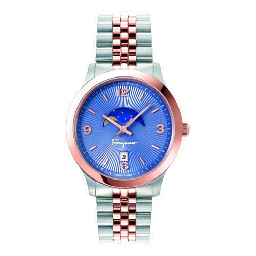 Salvatore Ferragamo Ferragamo Ferragamo Duo Collection Luxury Mens Watch Timepiece with a Two Tone Bracelet Featuring a Two Tone Case and Blue Dial