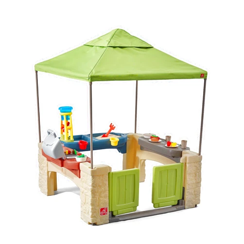 Step2 All Around Playtime Patio with Canopy, Kid Indoor and Outdoor Kitchen Playset, Sensory Playhouse, Kids Ages 2+ years old, Easy Assembly, Green