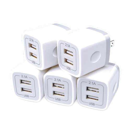 FiveBox USB Charger Wall Plug, FiveBox 5Pack 2.1Amp Fast 2Ports USB Wall Power Adapter Charging Block Base Charger Brick Cube Box for iPhone 16e 16 15 14 13 12 11 Xs XR X 8 7, Android