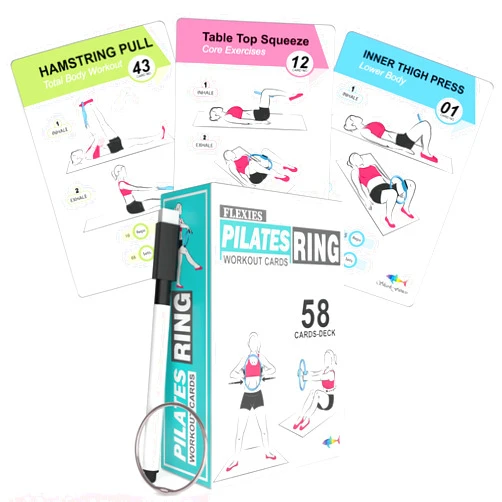 Flexies Pilates Ring Workout Cards -58 Exercise ring Card with Pilates circle Work Out Posture, Instruction & Breathing Tips | Free Dry-Erase Marker & Binding ring|Pilates Equipment Thigh Master guide