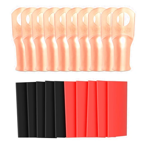 Sanuke 10pcs 1/0 AWG-3/8 Battery Lugs, UL Listed Heavy Duty Wire Lugs Ring Terminal 0 Guage terminals Battery Cable Ends/Terminal Connectors with 3:1 Heat Shrink Tubing