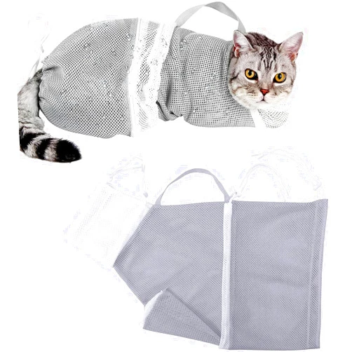 Yoogeer Adjustable Cat Bathing Grooming Bag, Puppy Dog Pet Cleaning Shower Net Bag, Anti-Bite Scratch Cat Restraint Bag for Shower, Cleaning Ear, Medicine Feeding, Nail Trimming (Grey + White)