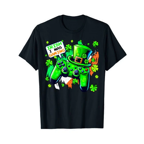 Funny Shamrock Clover Leaf Lucky Ieprechaun Irish Irish I Was Gaming St Patricks Day Funny Gamer Boys Shamrock T-Shirt