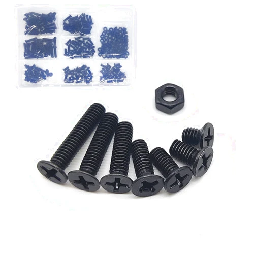 YaysaShop 300Pcs M4 Flat Head Machine Screws and Nuts Set，Black Countersunk Head Phillips Screws Bolts and Hex Nuts Assortment Kit, M4 x 6mm/ 8mm/ 10mm/ 12mm/ 16mm/ 18mm/ 20mm