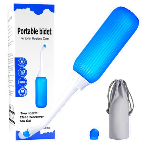 Brigtviee Perineal Bottle for Postpartum Perineal Care, 16.9oz/500ml Portable Bidet Spray Bottle with 2 Nozzles & Retractable Conduit, Upside Down Peri Bottle with Storage Bag,Blue