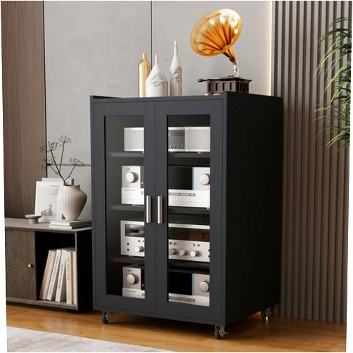 ELECWISH Media Storage Cabinet, Audio-Video Media Stand,Stereo Cabinet with 4 Height-Adjustable Shelves, AV Rack with Glass Doors for Meeting, Living, Recording Room