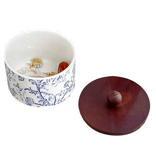 EHERDM Ceramic Jewelry Box with Wood Lid Blue White Jewelry Case Ring Holder Trinket Vintage Floral Porcelain Round Jewelry Box Trinket for Rings Earrings Necklace Bracelet Keys (Small)