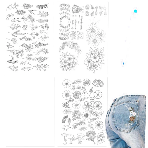 Yklbpd 100-Pack Water-Soluble Stabilizer and Adhesive Embroidery Paper, with 3 Sheets of A4 Pre-Printed Patterns and 1 Blank Stabilizer + 1 Water-Soluble Marking Pen. Suitable for Hand Sewing.