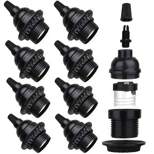Zevnico 8 Pack E26 E27 Light Sockets, Black Medium Screw Base with Shade Ring, Retro Period Style Edison Lamp Holder, Replacement DIY Making Light Bulb Socket Cover Pendant Lamp Holder Keyless Lamp