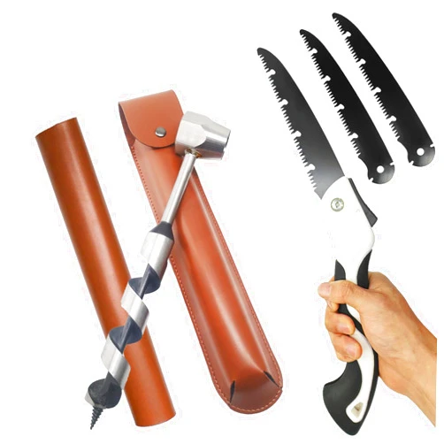 MinliGUY Hand Auger Wood Drill, Upgrade Welds Bushcraft Auger w/ Sharp Scottish Eye, Survival Tools for Bushcraft Projects/ Camping/Outdoors, 1*10inch Settlers Wrench & Folding Saw Kit, Bushcraft Gear