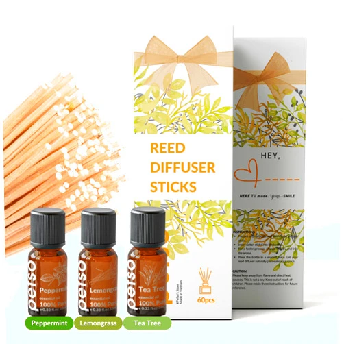 PEFSO Essential Oil Trio & Reed Stick Set: 100% Pure Peppermint, Lemongrass, Tea Tree Oils with 60pcs 7