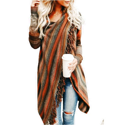 GOLDSTITCH Women's open front Knited Tassels Slash Loose Cardigan Crew Neck Speckled Fringe Sweater Outwear