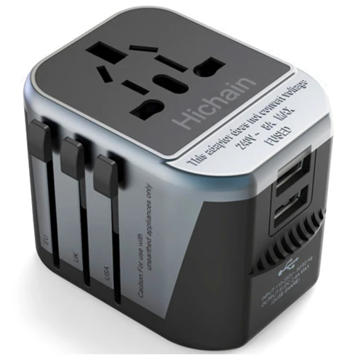 Hichain European Travel Plug Adapter, Black Universal Wall Charger with 2 USB A Ports 2.4A International Travel Adapter 5 Outlets LED Indicator for EU US UK AUS Asia Italy 200+ Countries
