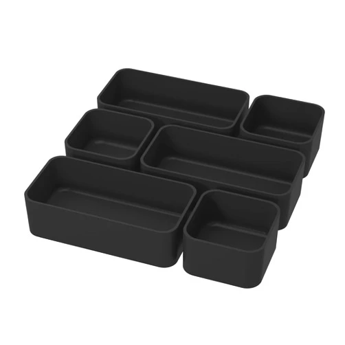 CHANCETSUI 6 Pcs Stackable Drawer Organizer Set Desk Drawer Dividers, Bathroom Vanity Cosmetic Makeup Trays , Multipurpose Plastic Storage Bins for Jewelries, Kitchen Gadgets and Office Accessories, Black
