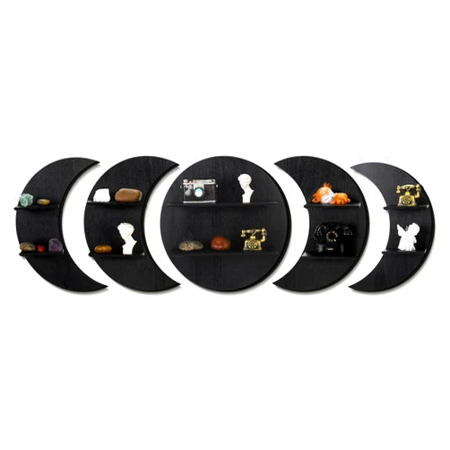 Geetery 5 Pcs Moon Shelf Set Hanging Wooden Round Crescent Moon Phase Wall Decor Floating Crystal Shelf Boho Decorative Display Storage Rack for Home Bedroom above Bed Sofa Office Gift, Black