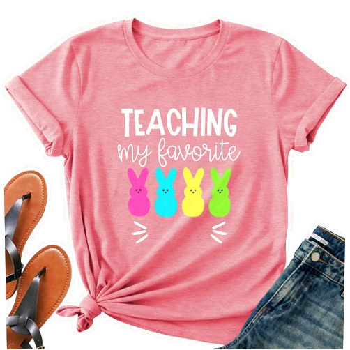Vrytw Easter Shirts for Women-Cute Easter Bunny Tee Tops Oh for Peeps Sake Shirt Rabbit Printing Short Sleeves