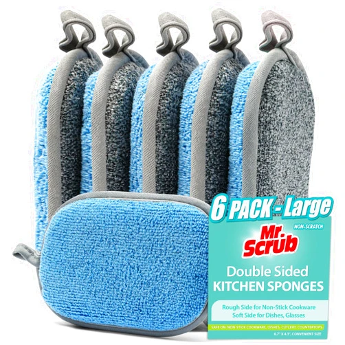 MR. SCRUB All-Purpose Sponges Kitchen, Non Scratch Dish Sponge for Washing Dishes Cleaning Kitchen, Rough Scrubbers Side for Non-Stick Cookware, Soft Microfiber Scrub Side for Dishes（6 Pack, Large）