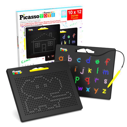 PicassoTiles 2-in-1 Magnetic Drawing Board Toy 12x10 inch Large Magnet Bead Tablet Pad with 2 Facings Alphabet STEM Free Style Educational Erasable & Reusable Learning Writing Playboard in Black PTB04