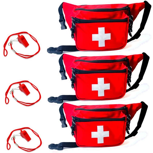 ASA TECHMED 3 Pack Lifeguard Fanny Pack With Whistle Lanyard - Baywatch Style First Aid Hip Pack w/Adjustable Strap, Cross Logo + Zipper Pouch, Emergency Equipment Set