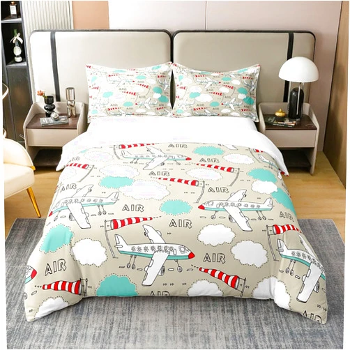 Homewish Cartoon Airplanes 100% Cotton Duvet Cover Full Size 3 Pcs Cute Watercolor Clouds Flags Decor Bedding Set for Kids Boys Girls Lovely Outdoor Planes Hippie Comforter Cover with 2 Pillowcases
