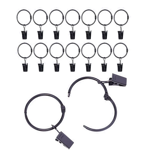 Locien 15 Pack Curtain Rings with Clips, 1.26 Inch Inner Diameter, Openable Strong Iron Metal Large Vintage Rustproof Drapery Hooks, Black (15, 1.26 Inch)