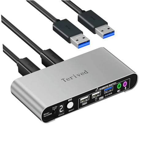 Terived USB Switch Selector with Audio and Microphone, Hotkey Switch, Digital Display, Aluminum Shell, 2 Computers Sharing 3 USB Devices for PC Printer Speaker Headphone Mouse Keyboard with Cables