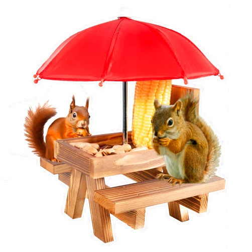 IsOught Squirrel Feeder, Squirrel Picnic Table with Umbrella. It's Made of Real Wood and can be Fastened to Trees.