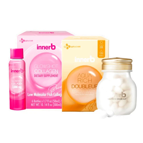 CJwellcare Innerb Aquarich 500mg 56capsule for 4week & Glowshot Collagen (10.1fl oz, 6 Servings) Collagen Shots for Elasticity, Hydration, Improved Skin, Hair & Nails.