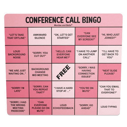 Monilee and Bella Fun and Functional Conference Call Bingo Mouse Pad - Perfect Office Gift for Co-Workers - Spice Up Virtual Meetings with Humor and Efficiency (Pink)