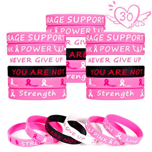 Genuvi Pink Ribbon Breast Cancer Bracelets - 30 PCS Rubber Bracelet Party Favors Supplies Inspiring Silicone Wristbands with Hope Strength Breast Cancer Awareness Accessories Survivor Gifts for Women Girls