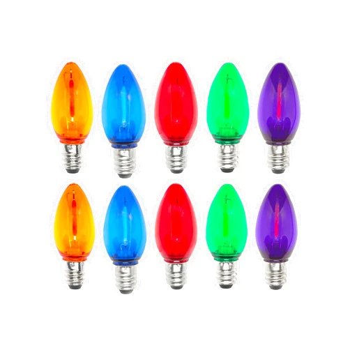 CHYSUPER C7 Replacement Bulbs, Christmas Lights Bulbs, 0.6W Multi-Color Clear LED Light Bulbs, Colorful Light for Xmas Tree Patio Prom Indoor Outdoor String Lights Decor, E12 Candelabra Base-10 Pack