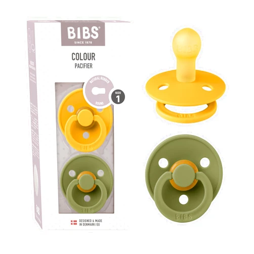 BIBS Colour Baby Pacifier 2-Pack | Made in Denmark | BPA Free Dummy Soother, Round Nipple. Natural Rubber Latex, Size 1 (0-6 Months), Honey Bee/Olive