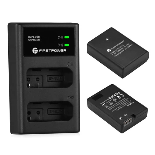 FirstPower EN-EL14/EN-EL14a Battery and USB Dual Charger Compatible with Nikon D3100 D3200 D3300 D3400 D3500 D5100 D5200 D5300 D5500 D5600 DF Coolpix P7000 P7100 P7700 P7800 Camera