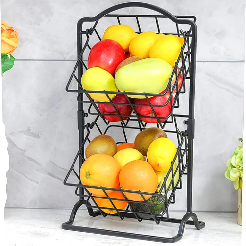 Wetheny 2 Tier Iron Fruit Basket Fruit Bowl for Kitchen Counter,Bread,Fruit and Vegetable Holder Storage Basket,Wire Hanging Basket stand for Kitchen Organizer, Matte Black
