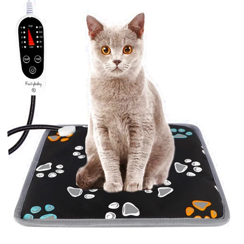 Furrybaby Pet Heating Pad, Waterproof Dog Heating Pad Mat for Cat with 5 Level Timer and Temperature, Pet Heated Warming Pad with Durable Anti-Bite Tube Indoor for Puppy Dog Cat (Black Paw, 17