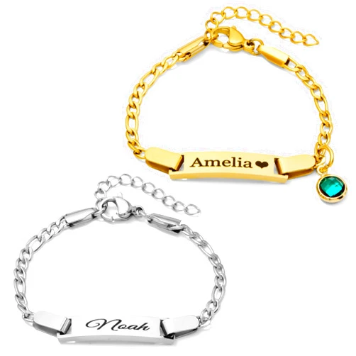 Jexiva Personalized Baby Name Bracelet with Birthstone – Non Tarnish - Double-Sided Engraving – Stainless Steel PVD 18k Gold Platted or Silver – Adjustable Size for Babies/Toddlers/Kids