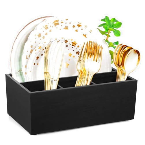 DRASTAR Paper Plate Dispenser, Wooden Utensil Caddy Organizer, Large Silverware Holder for Party, Black Paper Plate Organizer Caddy, Kitchen Utensil Caddy for Party Picnic Camping