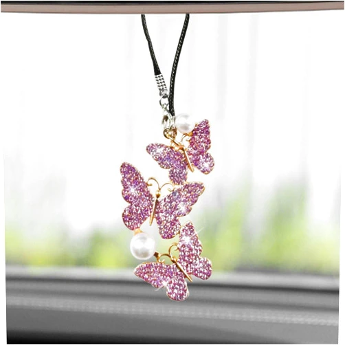 BDZMC Bling Butterfly Diamond Car Hanging Accessories, Crystal Car Rear View Mirror Charms, Hanging Ornament Pendant Lucky Presents for Women, Car Interior Decoration Accessories for All Cars (Purple)