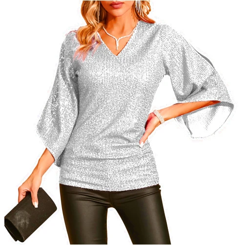 American Trends Sequin Tops for Women 3/4 Sleeve Blouse for Women Dressy Sparkly Tops V Neck Outfits for Party Glitter Tops