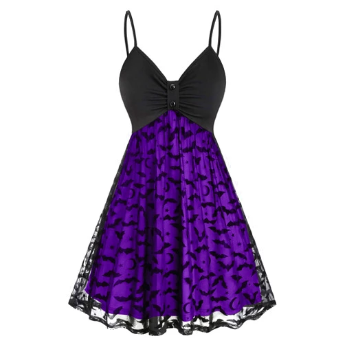 NaRHbrg Women's Punk Dress Camisole Bat Print Mesh Swing Dress Halloween Spaghetti Strap Steampunk Dress Goth Vintage Dress