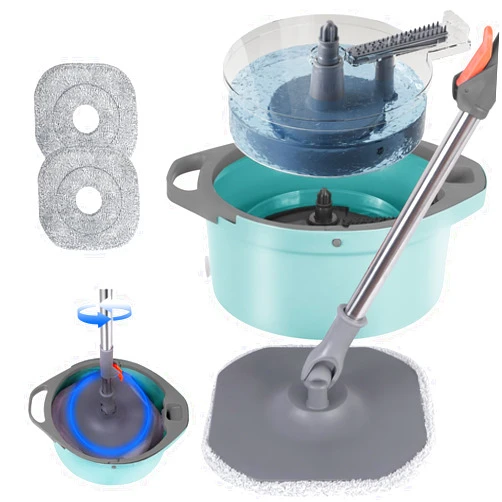 WENGROU Spin Mop and Bucket with Separate Dirty and Clean Water,360° Spin Mop and Bucket System with Widening Foldable Handle,2 Replaceable Mop Pads,Square Mop for Floor Hardwood Tile Marble Wall Cleaning