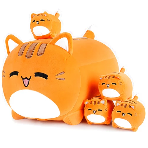 Auspicious beginning Orange Cat Plush Toys, 5 PCS Cat Plush Stuffed Animal Family, Cute Orange Cat Mommy Cat with 4 Baby Kittens Cat Plushies for Kids, Kawaii Cat Plush Toy Christmas Birthday Gifts for Kids Boys Girls