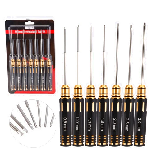 INJORA RC Hex Screw Driver Set-7PCS RC Car Tool Kit 0.9, 1.27, 1.3, 1.5, 2.0, 2.5, 3.0mm Hexagon Allen Screwdriver Wrenches Sets, RC Repair Tool Kit for RC Model Helicopter Drone Boat Car