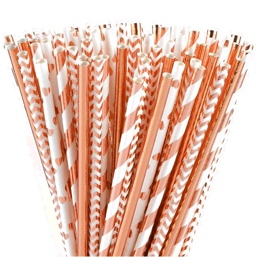 ALINK Biodegradable Rose Gold Paper Straws Bulk, Pack of 100 Metallic Foil Striped/Wave/Heart Straws for Birthday, Wedding, Bridal/Baby Shower, Christmas Decorations and Party Supplies