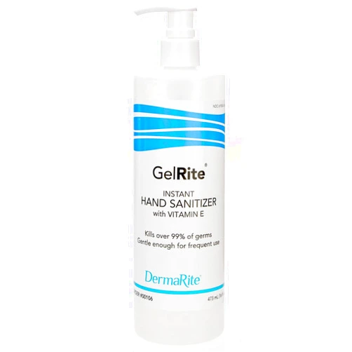 DermaRite GelRite Instant Gel Hand Sanitizer Pump, 16 Ounce - Rinse Free, Waterless - Moisturizing Formula Enriched with Vitamin E, Alcohol Based, No Sticky Residue - Kills 99.99% of Germs Instantly