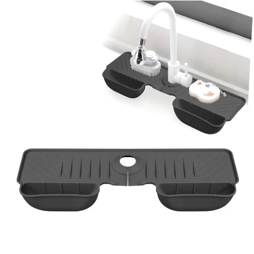 ULTRAKENO Silicone Faucet Handle Drip Catcher Tray Mat, Silicone Faucet Mat With 2 Pcs Sponge Holder for Kitchen Sink Accessories Gadgets Drying Mat for Bathroom Counter Sink Splash Guard Black