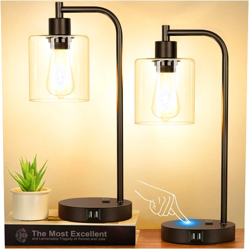 Nintiue Set of 2 Industrial Touch Control Table Lamps with 2 USB Ports and AC Outlet - 3-Way Dimmable Black Bedside Lamps Nightstand Desk Lamps for Bedroom Living Room, Glass Shade & 2 LED Bulbs Included