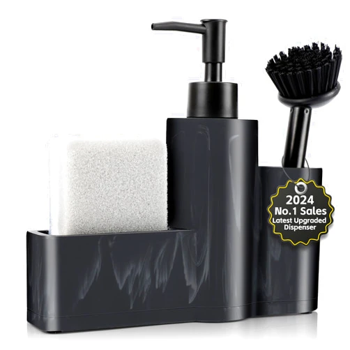 Mihoho Hand & Dish Soap Dispenser Set for Kitchen Sink, 3-in-1 Marble Pattern Kitchen Soap Dispenser Set with Sponge Caddy and Brush Holder for Kitchen,Bathroom (Black)